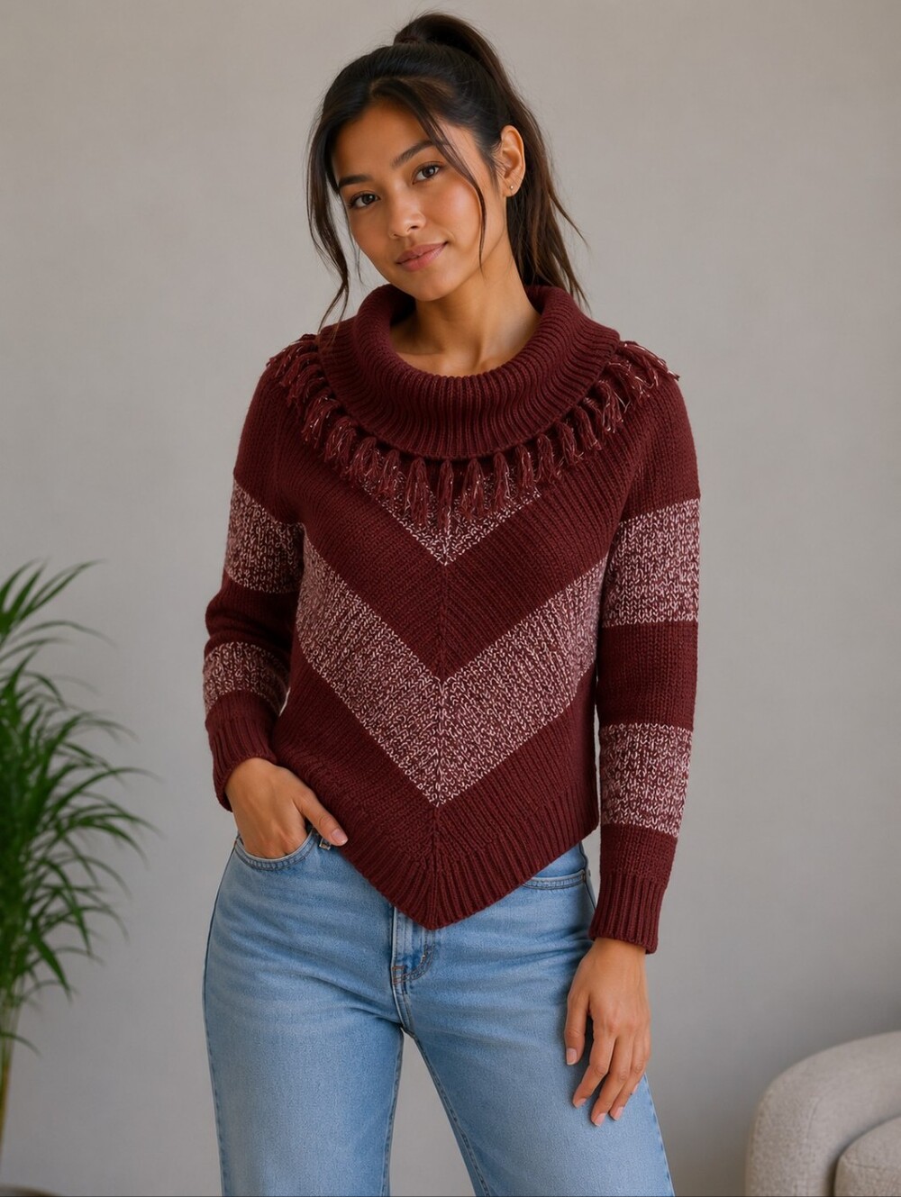 Derek Heart Wine Red Fringe Chevron Sweater